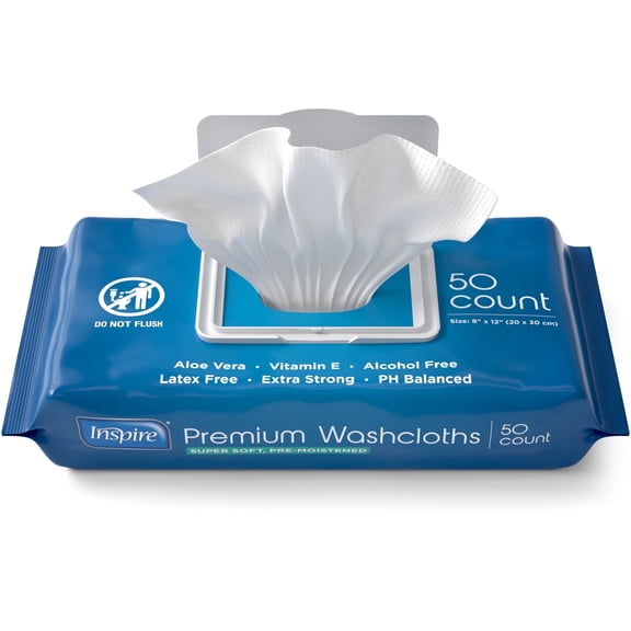 Inspire Adult Wipes, Extra Large Wash Cloths for Incontinence & Cleansing, 8" x 12" (50 Count)