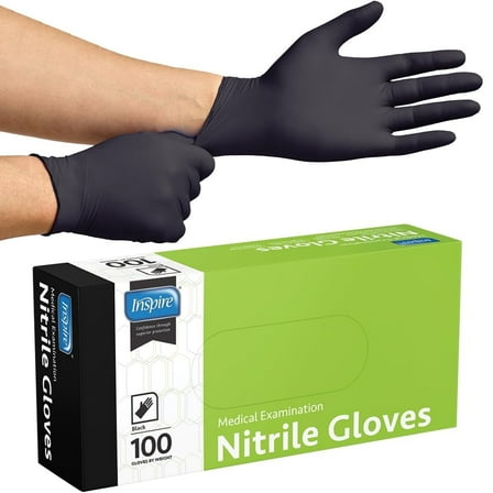 Inspire Black Nitrile Disposable Gloves | 4.5 Inspire Black Nitrile Disposable Gloves | 4.5 Nitrile Chemical Resistant Medical Cooking Cleaning Disposable Black Gloves (Black - Box Of 100, Medium)
