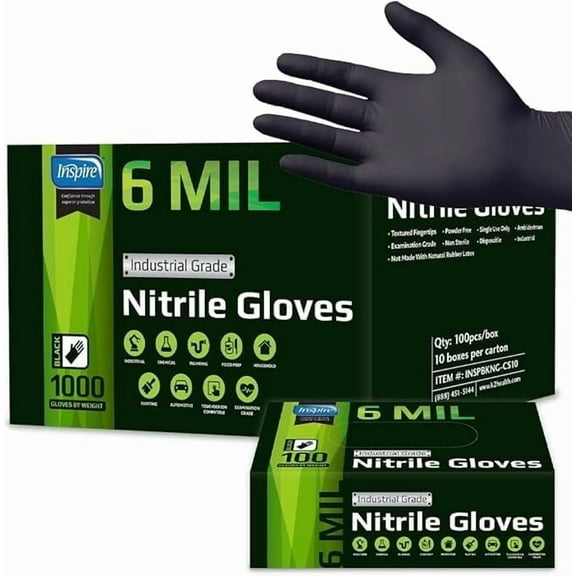 Inspire Black Nitrile Gloves HEAVY DUTY 6 Mil Nitrile Chemical Resistant Medical Cooking Cleaning Disposable Black Gloves