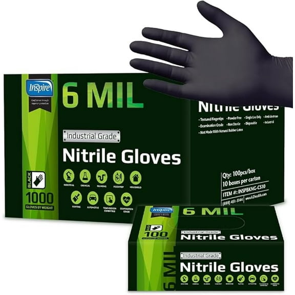 Inspire Black Nitrile Gloves HEAVY DUTY 6 Mil Nitrile Chemical Resistant Medical Cooking Cleaning Disposable Black Gloves