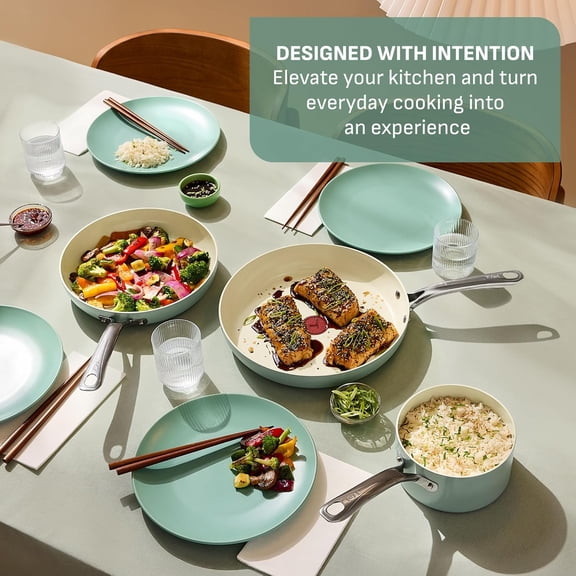 Inspire Ceramic Frying Pan 10.5 Inch Nonstick Skillet with Lid Oven Safe Mint Green