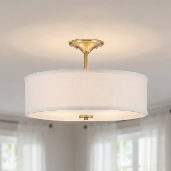 Inspire Collection 18" Three-Light Transitional Satin Brass Summer Linen Glass Semi-Flush Mount Light