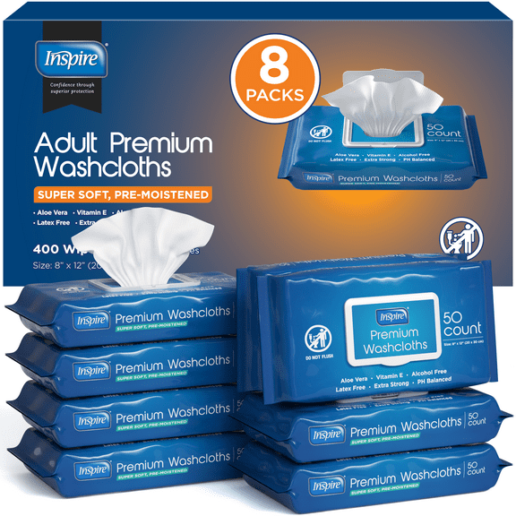 Adult Wipes for Elderly - Extra Large, Unscented Wash Cloths with Aloe Vera, 50 wipes (8 Count)