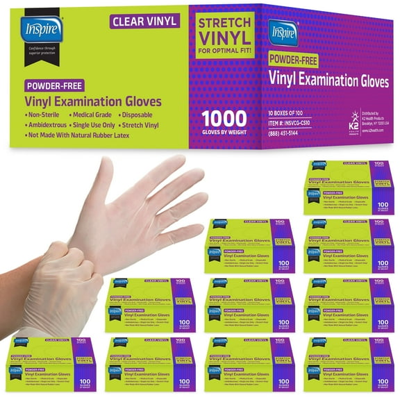Inspire Exam Medical Clear Vinyl Disposable Gloves - Latex Free for Cleaning, Food Prep (Medium)