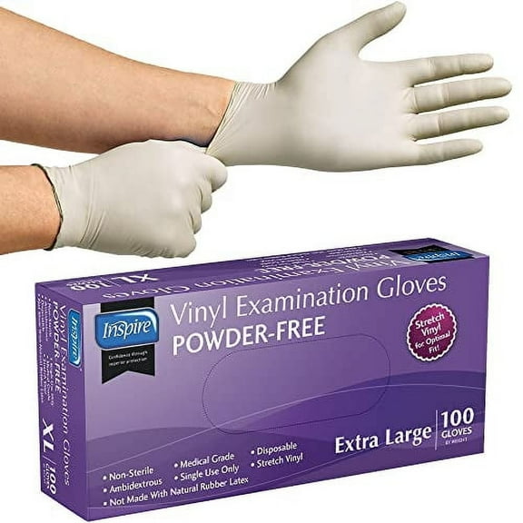 Inspire Extra Large Powder Free Exam-Grade Stretch Vinyl Gloves Extra Large Box of 100