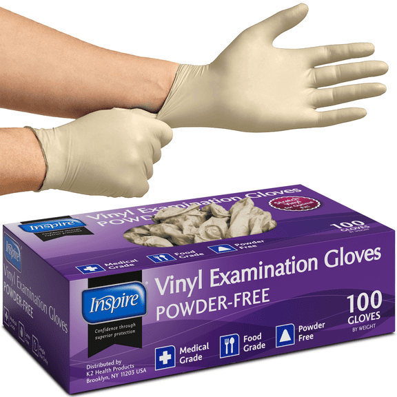 Inspire Extra Large Powder Free Exam-Grade Stretch Vinyl Gloves Extra Large Box of 100