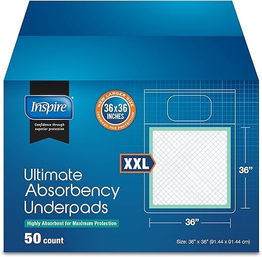 Inspire Extra Large Super Absorbent Bed Pads for Incontinence Disposable Underpad 36 x 36 Inches, Ultra Thick and Absorbent Chux Puppy Pads