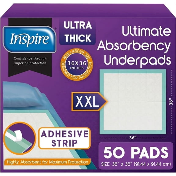 Inspire Extra Large Super Absorbent Disposable Bed Pads for Chronic Incontinence Ultra Thick and Absorbent Bed Pads Disposable Adult | Pee Pads for Adults (36" X 36" Pack of 50 W/ Adhesive)