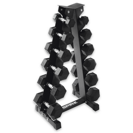 Inspire Fitness Heavy-Duty Workout Rubber Hex Dumbbell Weight Set with Rack, 210 lbs (5-30 lbs)