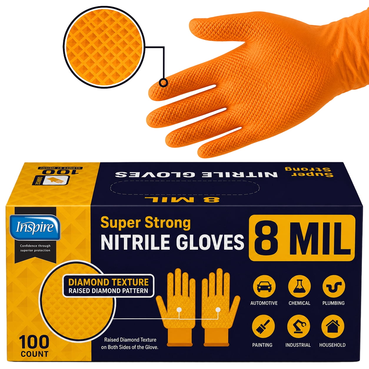 Inspire Heavy Duty Orange Nitrile Disposable Gloves | ULTRA 8 Mil Diamond Textured Grip | Industrial Mechanic Gloves (100, XXL)