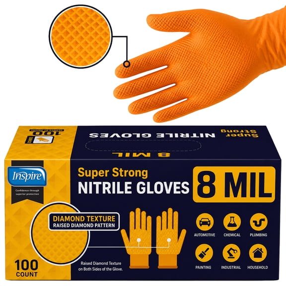Inspire Heavy Duty Orange, Ultra 8 Mil nitrile Gloves Diamond Textured for Secure Grip, Disposable Latex Free