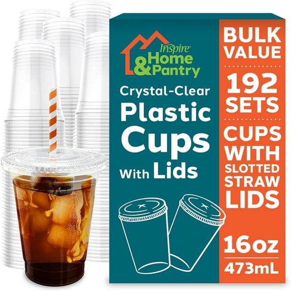 Inspire Home & Pantry Plastic Cups with Lids | BULK SAVINGS Smoothie Cup, Iced Coffee To Go Cups with Lids, 16 Oz - 192 Count