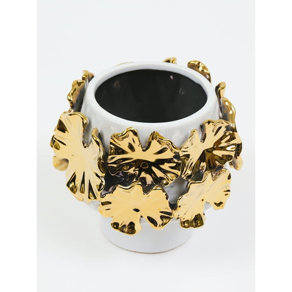 Inspire Me! Home Decor 10.25" Floral White and Gold Ceramic Round Decorative Vase