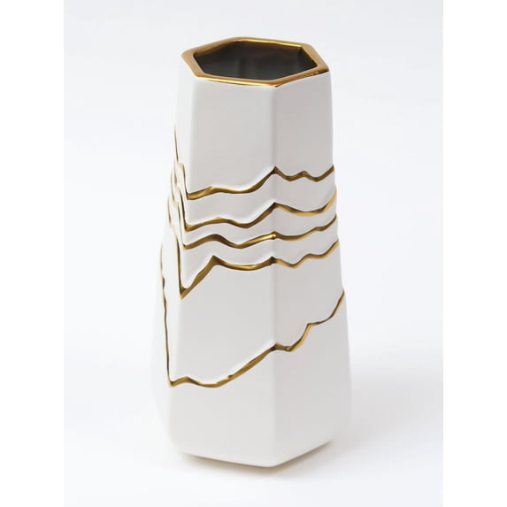 Inspire Me! Home Decor White and Gold Ceramic Striped Vase