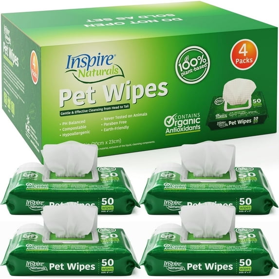 Inspire Pet Wipes For Dogs and Cats, Deodorizing Dog Wipes for Paws and Butt (4 Pack)
