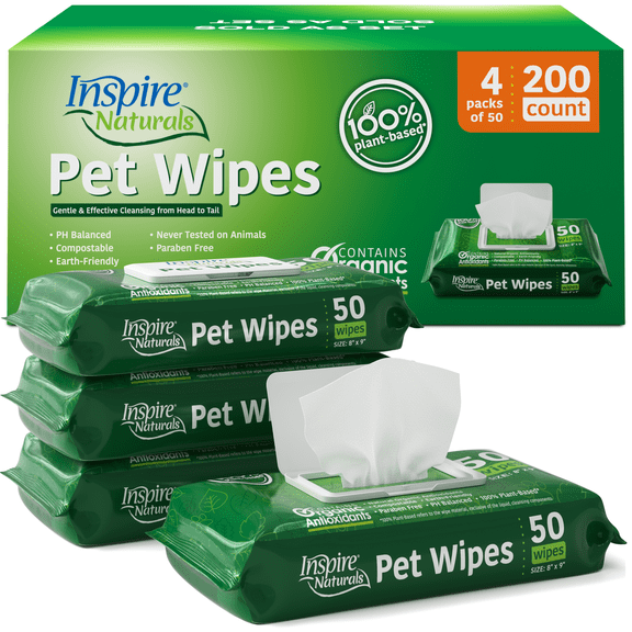 Inspire Pet Wipes For Dogs and Cats, Deodorizing Dog Wipes for Paws and Butt (4 Pack)