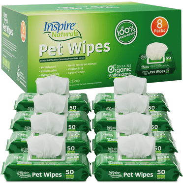 Inspire Naturals Pet Wipes for Dogs and Cats 100% Natural Plant Based with Organic Antioxidants, Dog Wipes Cleaning Deodorizing Cat Wipes | Puppy Wipes | Dog Wipes for Paws and Butt