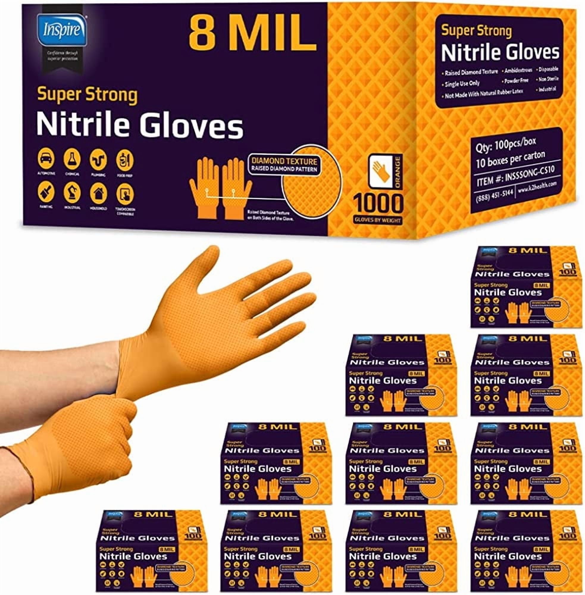 Inspire Nitrile Disposable ULTRA 8 Mil Gloves Diamond Textured for Secure Grip Latex Free Orange