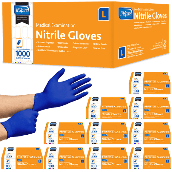 Inspire Nitrile Gloves Disposable Latex Free, Quality Stretch, Medical Grade, Large, Case of 1000