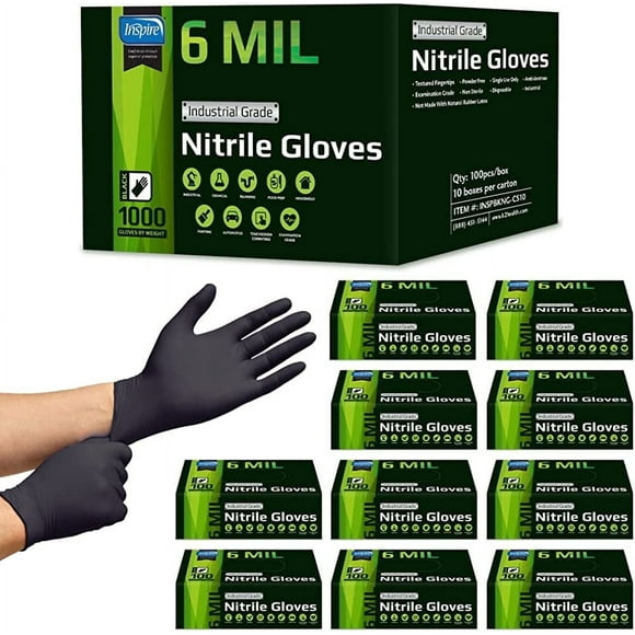 Inspire Nitrile Gloves, HEAVY DUTY 6 Mil Nitrile Disposable Gloves, THE ORIGINAL Nitrile, Medical, Food Service, Cleaning, Black, Case of 1000 Count Size Extra Large