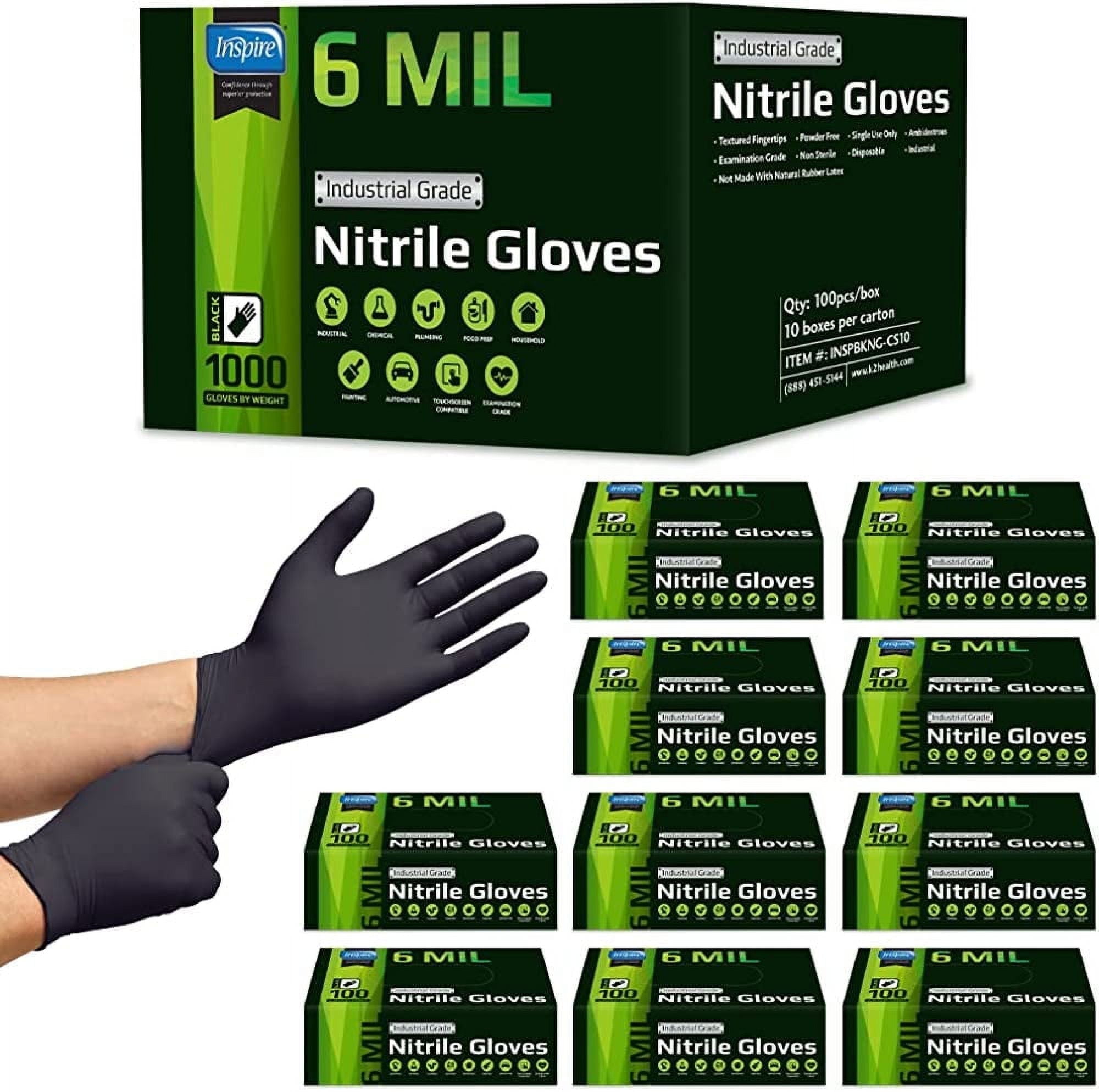 Inspire Nitrile Gloves, HEAVY DUTY 6 Mil Nitrile Disposable Gloves, THE ORIGINAL Nitrile, Medical, Food Service, Cleaning, Black, Case of 1000 Count, Size Medium