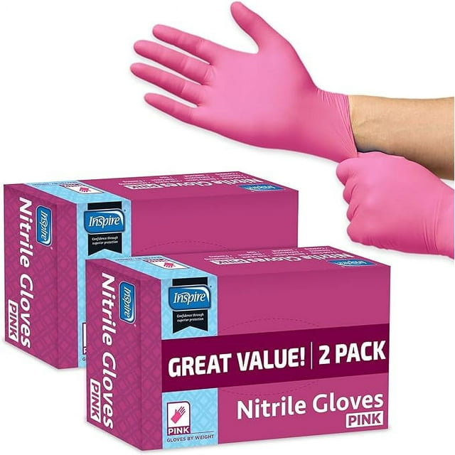 Inspire Nitrile Gloves, Pink Disposable Latex Free, 2 Pack Size Medium