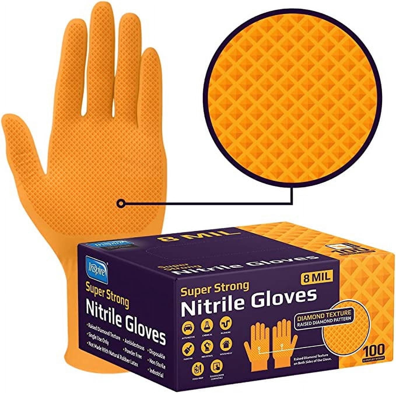 Inspire Orange Nitrile Disposable Gloves | ULTRA 8 Mil Gloves Diamond Textured for Secure Grip