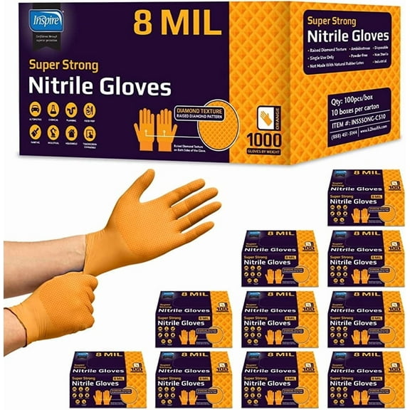 Inspire Orange Nitrile Disposable Gloves | ULTRA 8 Mil Gloves Diamond Textured for Secure Grip