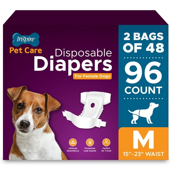 Inspire Pet Care Dog Diapers Female | Bulk Value Doggie Diapers for Female Dogs, Incontinence Female Dog Diapers for Heat or Pee Disposable Dog Diapers Female X-Large Dog Diapers (Medium (96 Count))