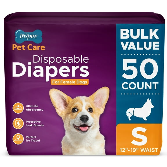 Inspire Pet Care Dog Diapers Female | Bulk Value Doggie Diapers for Female Dogs, Incontinence Female Dog Diapers for Heat or Pee Disposable Dog Diapers Female X-Large Dog Diapers (Small (50 Count))