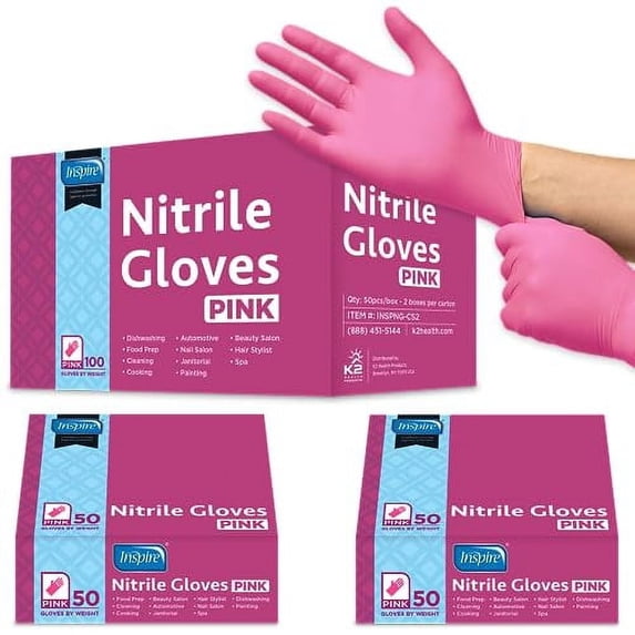 Inspire Pink Nitrile Gloves, Disposable Latex Free, Hair and Nail Salon, 10 Pack Size Medium