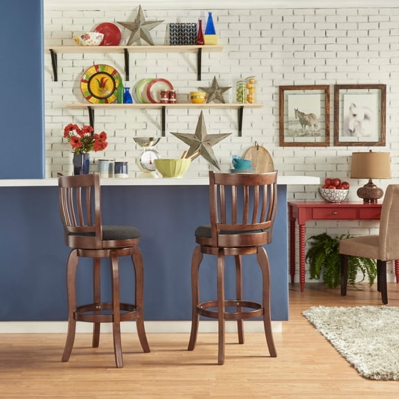 iNSPIRE Q Roseann Traditional Brown Finish Linen Swivel Bar Height Bar Stools, Dark Grey