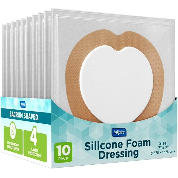 Inspire Sacral Silicone Foam Dressing Large Waterproof Bandages for Wounds, Burns & Bed Sores Safe for Sensitive Skin, Adhesive Pad Sacrum Dressings for Post-Surgery Wound Care (7 x 7 In) (10 Pack)