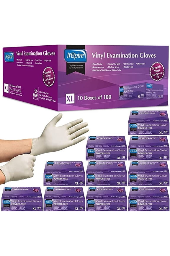 Stretch Vinyl Exam Gloves THE ORIGINAL Quality Vinyl Gloves Disposable Latex Free Medical Gloves Cleaning Gloves 10 Packs of 100 Extra Large