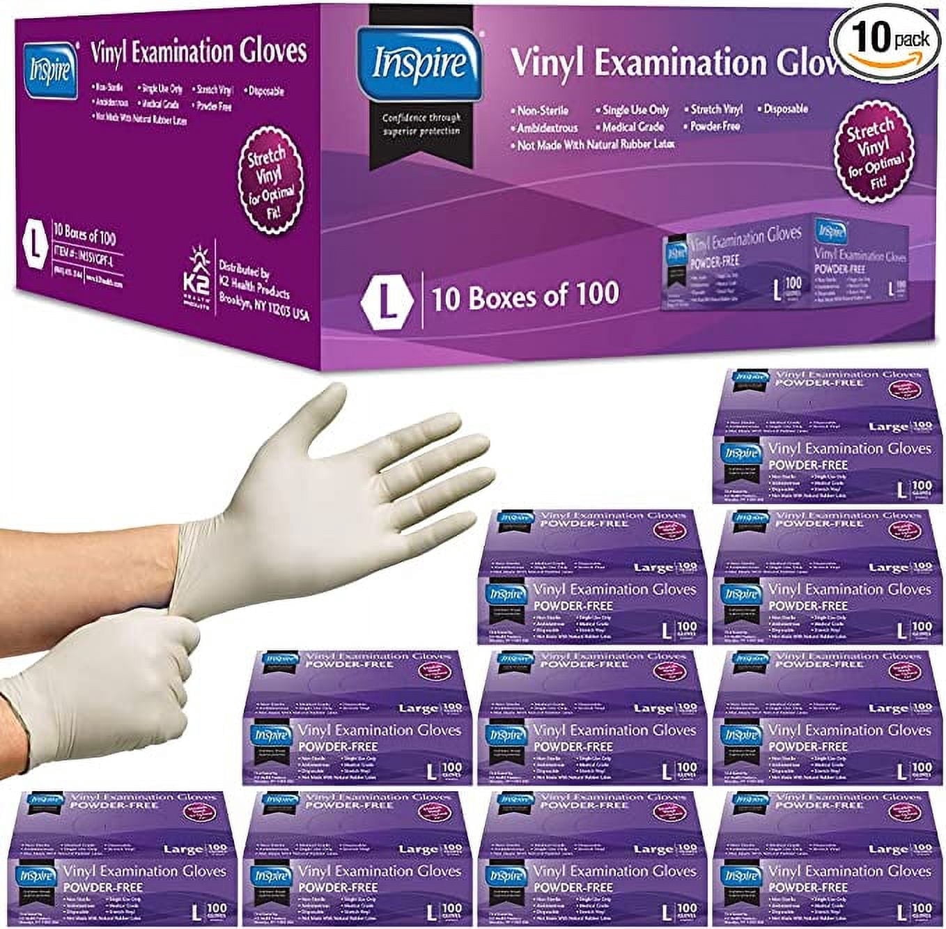 Inspire Stretch Vinyl Exam Gloves THE ORIGINAL Quality Vinyl Gloves Disposable Latex Free Medical Gloves Cleaning Gloves 10 Packs of 100 Large
