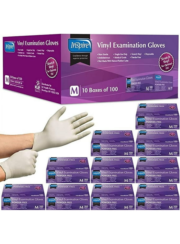 Inspire Stretch Vinyl Exam Gloves THE ORIGINAL Quality Vinyl Gloves Disposable Latex Free Medical Gloves Cleaning Gloves 10 Packs of 100 Medium