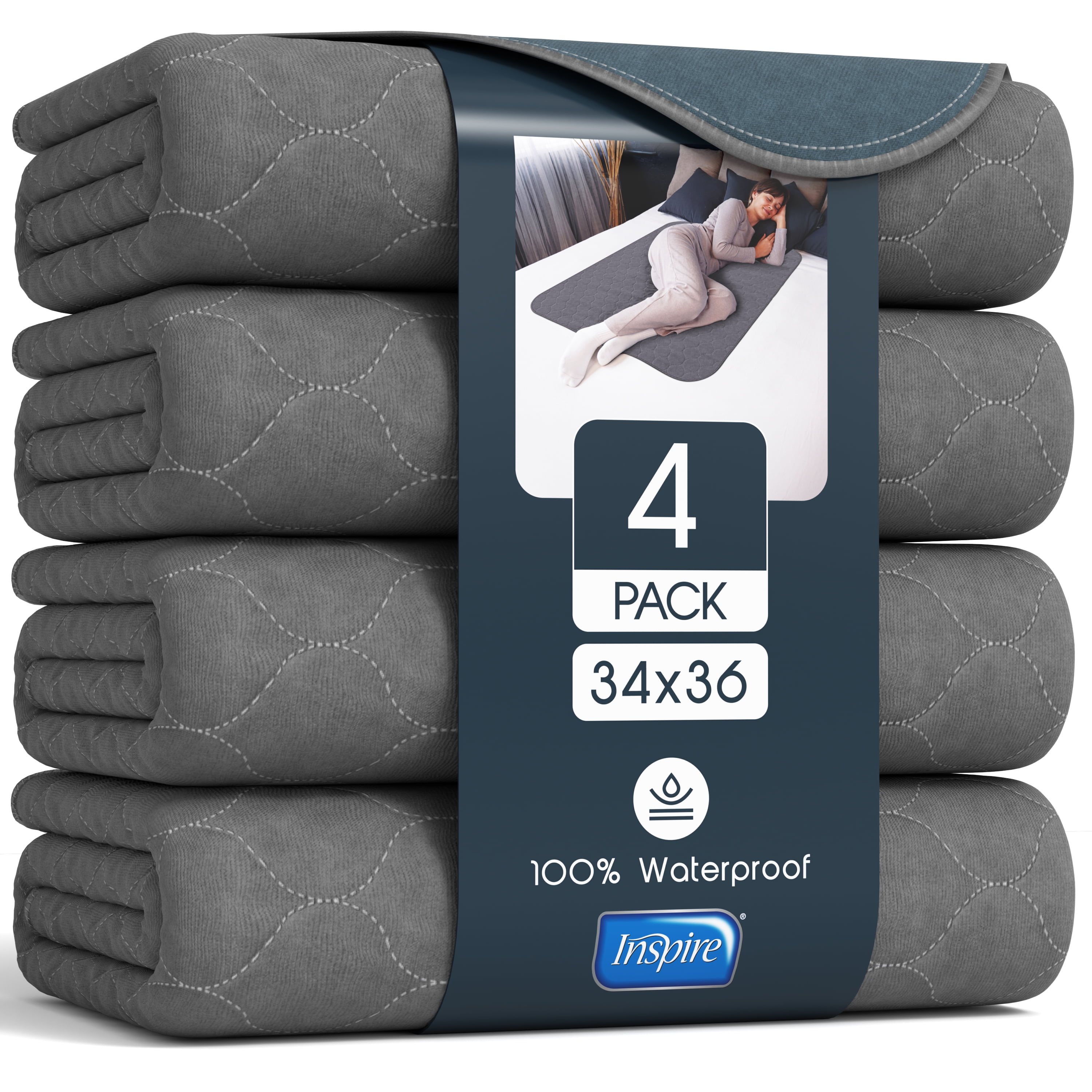 Inspire Underpads, Reusable Bed Pads Washable Waterproof, Comfort Fit, Extra Long 34 x 36 (4 Count)