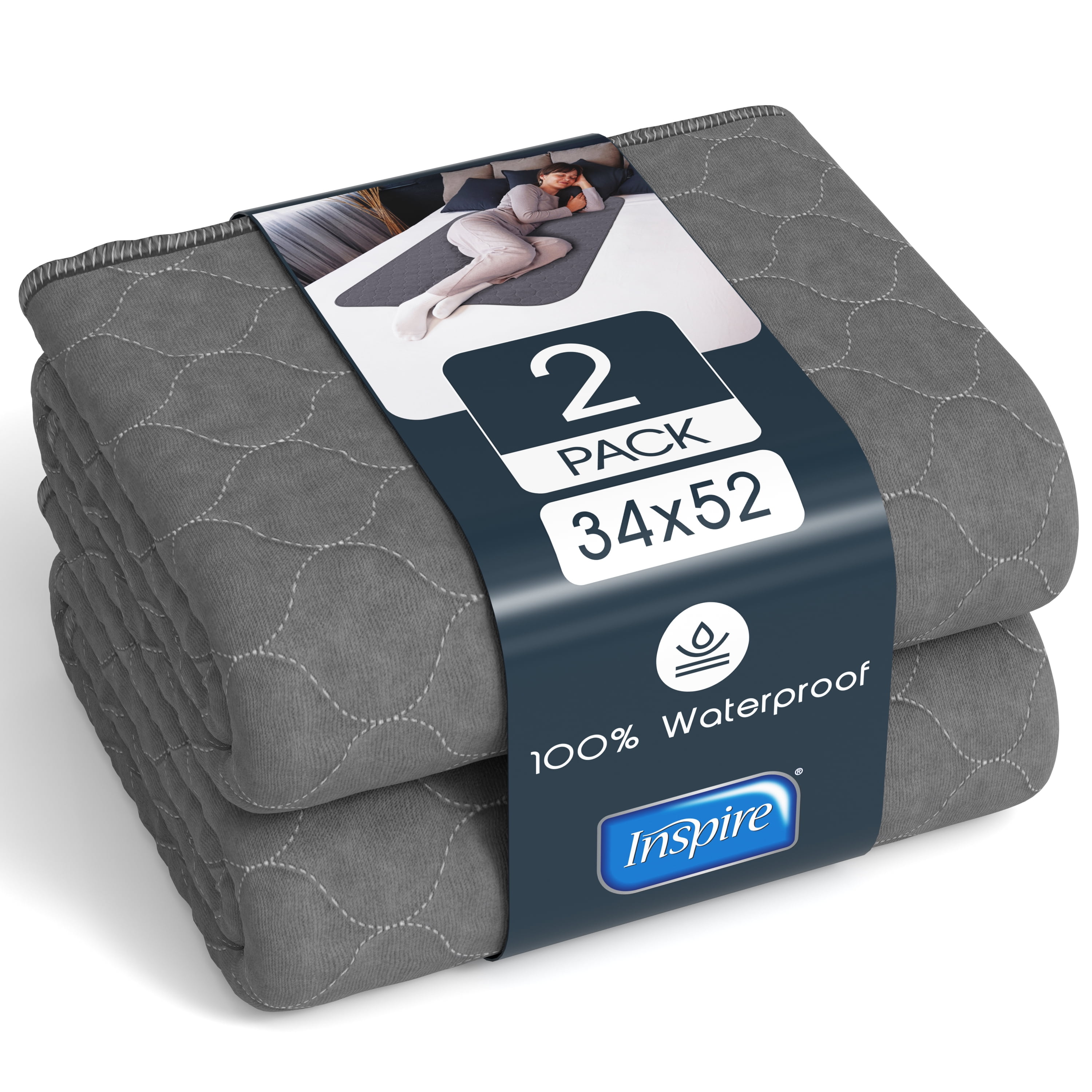 Inspire Underpads, Reusable Bed Pads Washable Waterproof, Comfort Fit, Extra Long 34 x 52 (2 Count)