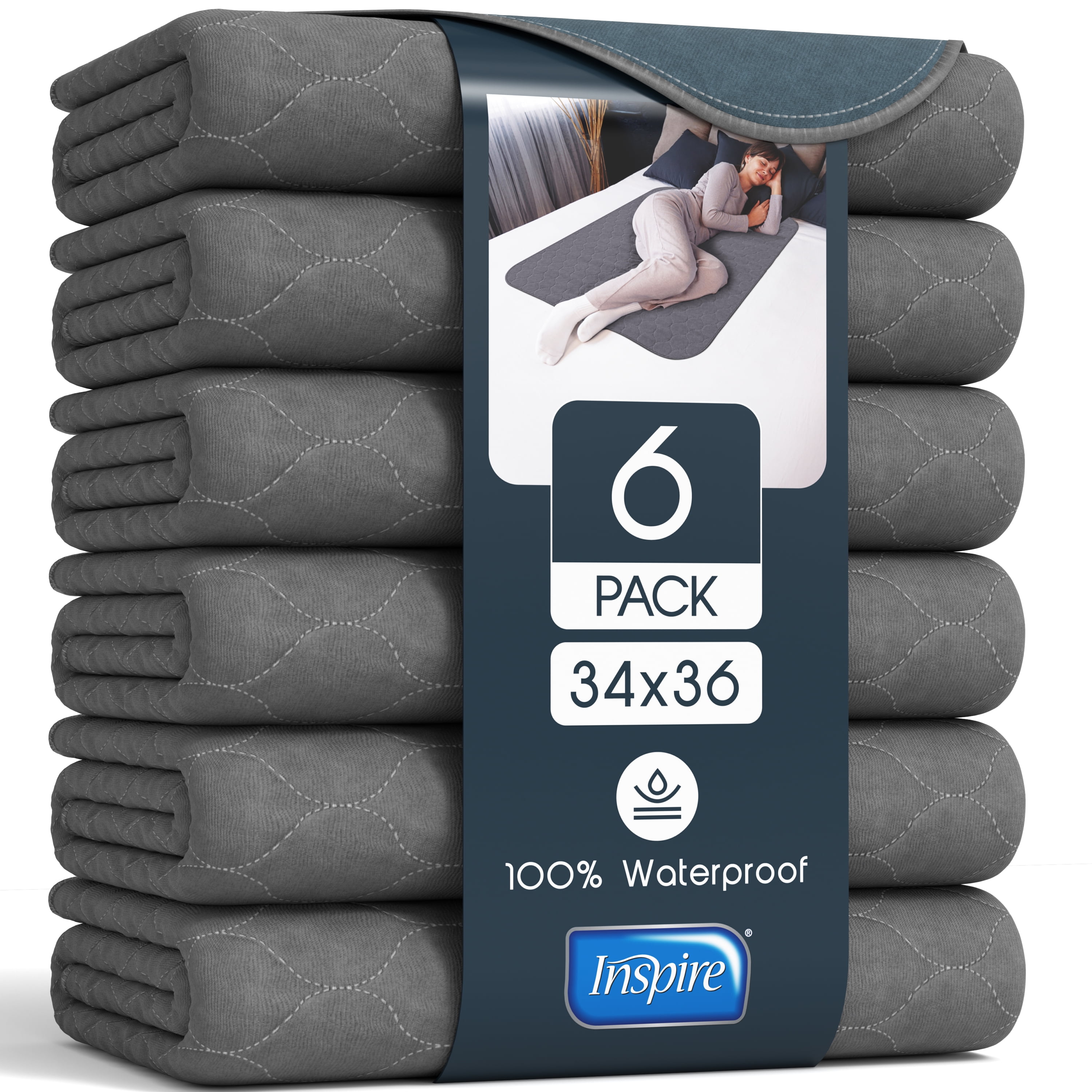 Inspire Underpads, Reusable Bed Pads Washable Waterproof, Comfort Fit, Extra Long 34 x 36 (6 Count)