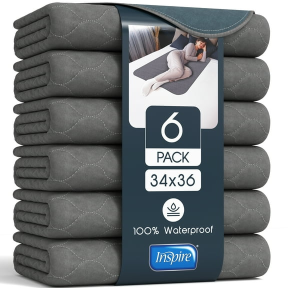 Inspire Underpads, Reusable Bed Pads Washable Waterproof, Comfort Fit, Extra Long 34 x 36 (6 Count)