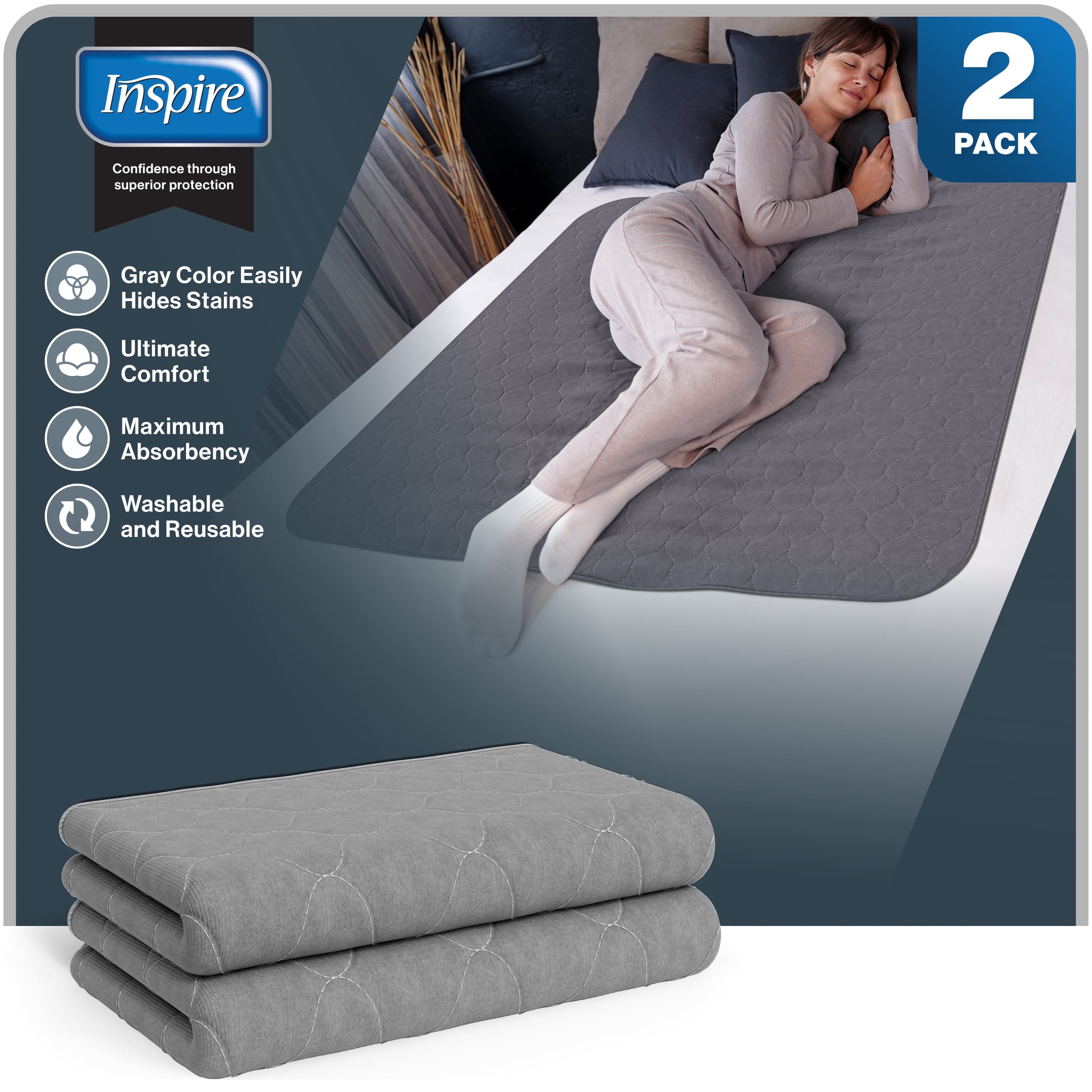 Inspire Underpads | Stain Hiding Gray - Reusable Incontinence Bed Pads Waterproof Mattress Pad | Disposable Bed Pads For Adults Pee Pads | Incontinence Pads For Beds, Dog Pads (34 X 52 - 2 Pack)