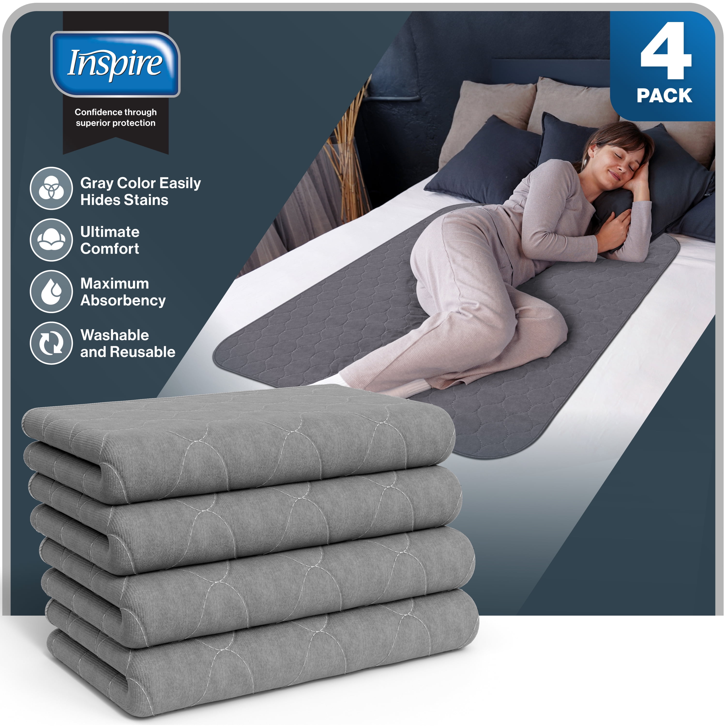 Inspire Extra-Long Gray Reusable Waterproof Bed Pads