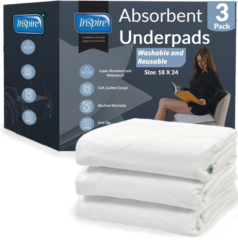 Inspire Washable and Reusable Absorbent Underpads 18" x 24" 3 Pack