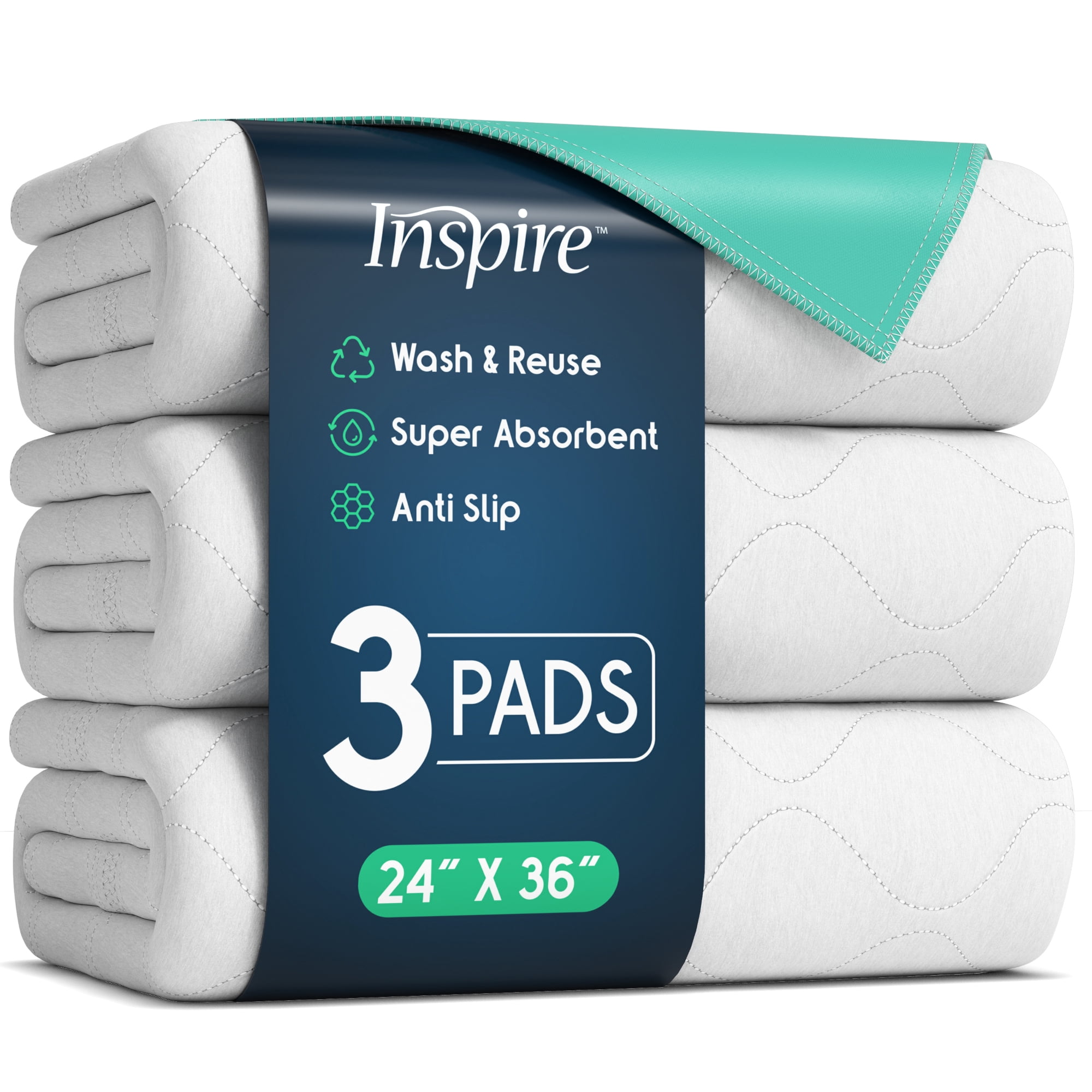 Inspire Washable and Reusable Incontinence Bed Pads 3 Pack Waterproof Mattress Pad Chux Pads (24"x 36'')