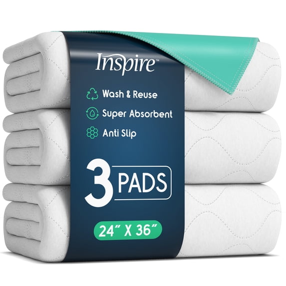 Inspire Washable and Reusable Incontinence Bed Pads 3 Pack Waterproof Mattress Pad Chux Pads (24"x 36'')