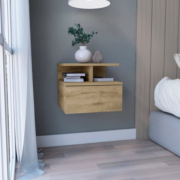 Inspired 12"h Nightstand With 2 Shelf, Single Drawer, Beige, Wall Mounted Beige Look,