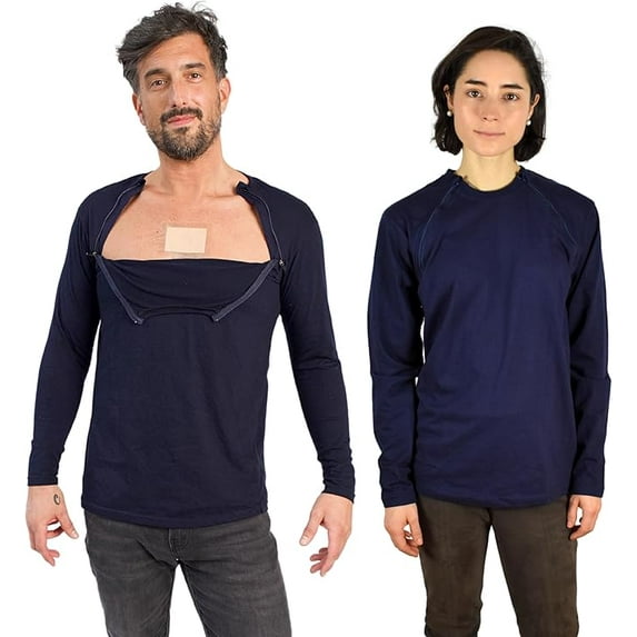 Inspired Comforts Men’s/ Unisex Chemo Port Access Shirt with Dual Chest Zips | Full Sleeve | 100% Cotton | L, Navy