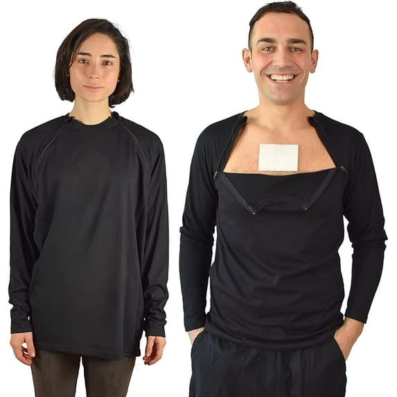 Inspired Comforts Men’s/Unisex Chemo Port Access Shirt with Dual Chest Zips | Full Sleeve | 100% Cotton | S, Black