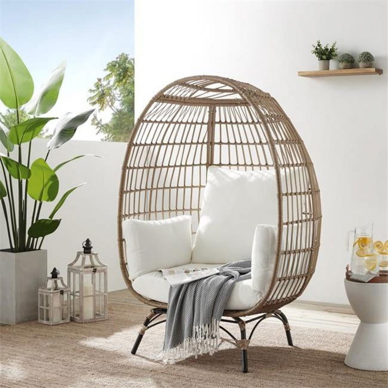 Inspired Home 40.2 x 32.7 x 59 in. Posh Living Tidus Outdoor All Weather Faux Rattan Wicker Design Egg Chair Ivory