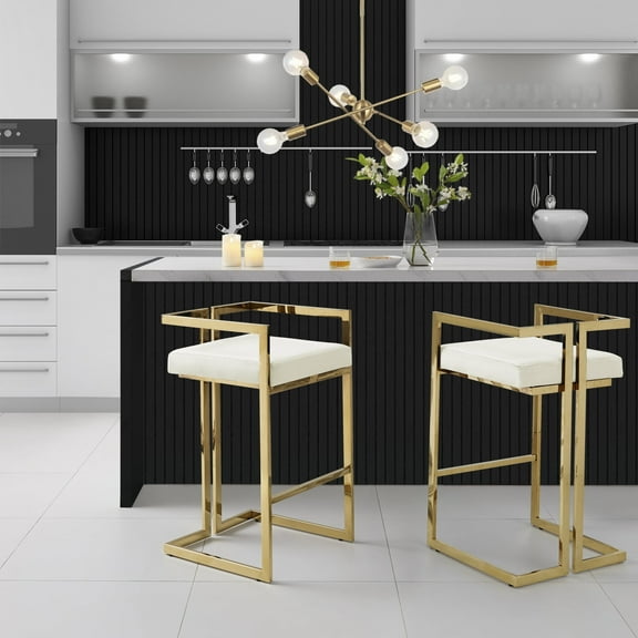 Inspired Home Aarna Upholstered Velvet Bar & Counter Stool/Chairs with Gold Base, (set of 2), Cream White